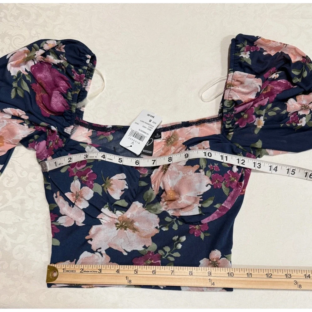 Windsor Floral Mesh Crop Top Womens Size S Navy Blue Long Sleeve Coquette Casual - Picture 7 of 9